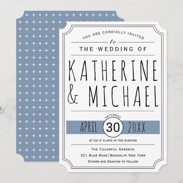 Typography dusty blue inverted corners wedding invitation (Front/Back)