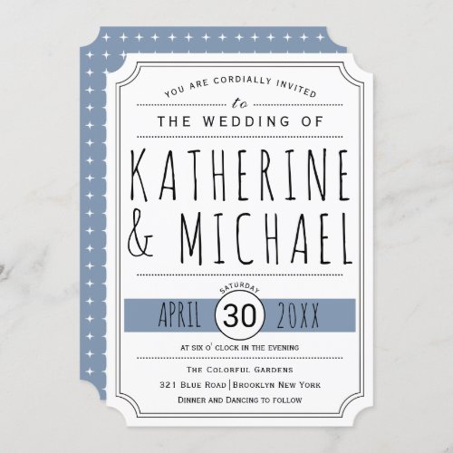 Typography dusty blue inverted corners wedding invitation