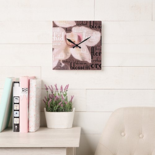 Typography Embedded Orchid Floral Blossom Photo Square Wall Clock