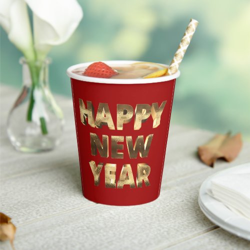 Typography Faux Gold Lettering Happy New Year Red Paper Cups