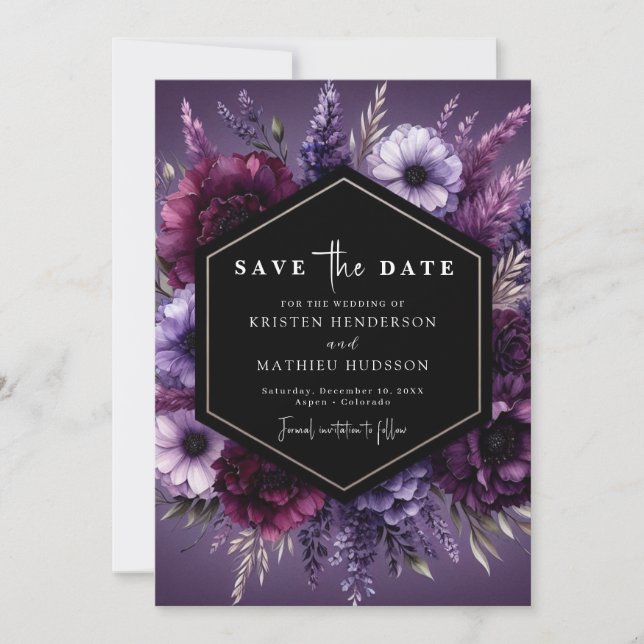 Typography Florals Purple Floral Wedding Save The Date (Front)