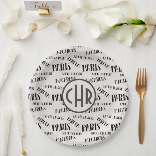 Typography French Theme Monogram  Paris  Parfum Paper Plates