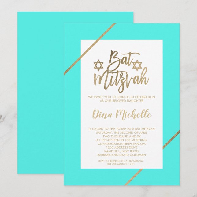 Typography gold floral leaf aqua chic Bat Mitzvah Invitation (Front/Back)