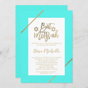 Typography gold floral leaf aqua chic Bat Mitzvah Invitation