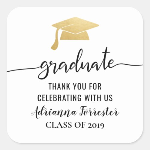 Typography Gold Graduate Hat  Thank You Square Sticker