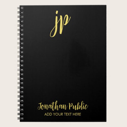 Typography Gold Initial Monogram Name Black Notebook