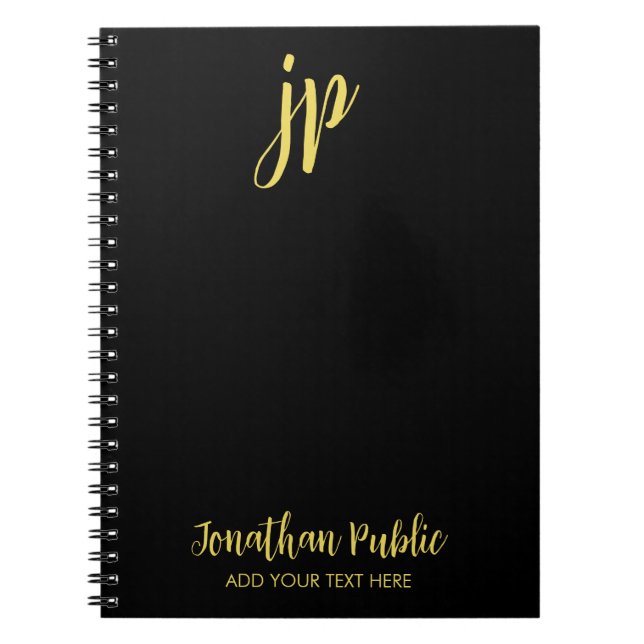 Typography Gold Initial Monogram Name Black Notebook (Front)
