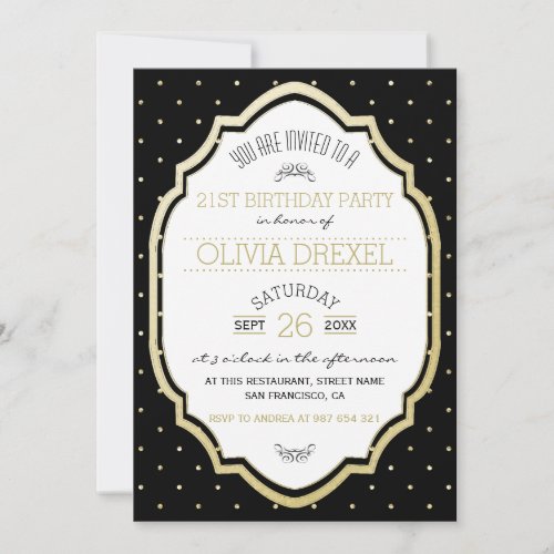 Typography  Gold Polka Dots On Black Birthday Invitation