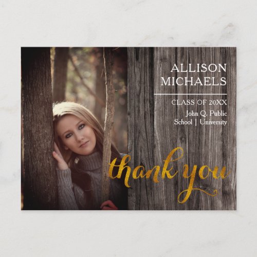 Typography Gold  Wood 2023 Graduation Thank You Postcard