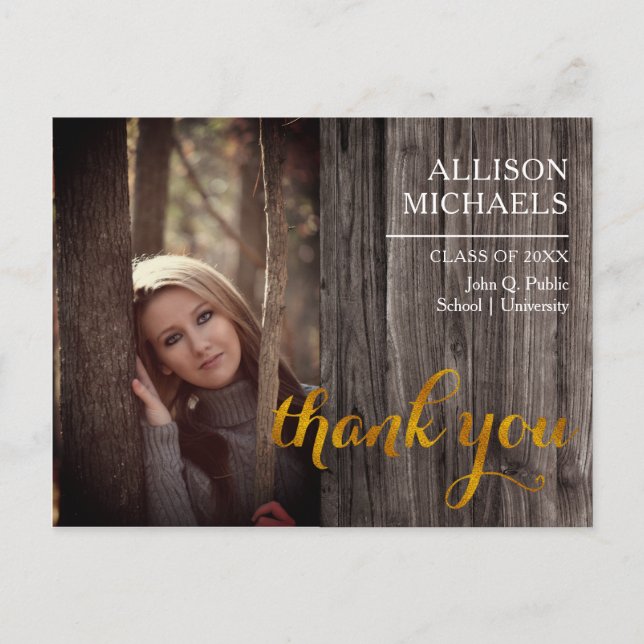 Typography Gold | Wood 2023 Graduation Thank You Postcard (Front)