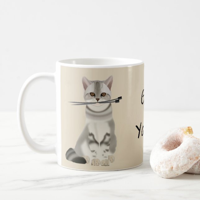 Typography | "Got Yarn" Cat with Knitting Needles Coffee Mug (With Donut)