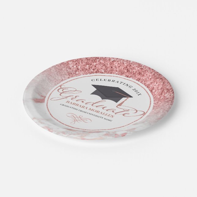 Typography Graduate Rose-Gold Glitter & Marble Paper Plates (Angled)
