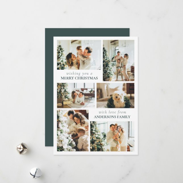 Typography Green Family Photo Collage Christmas Holiday Card (Front/Back In Situ)