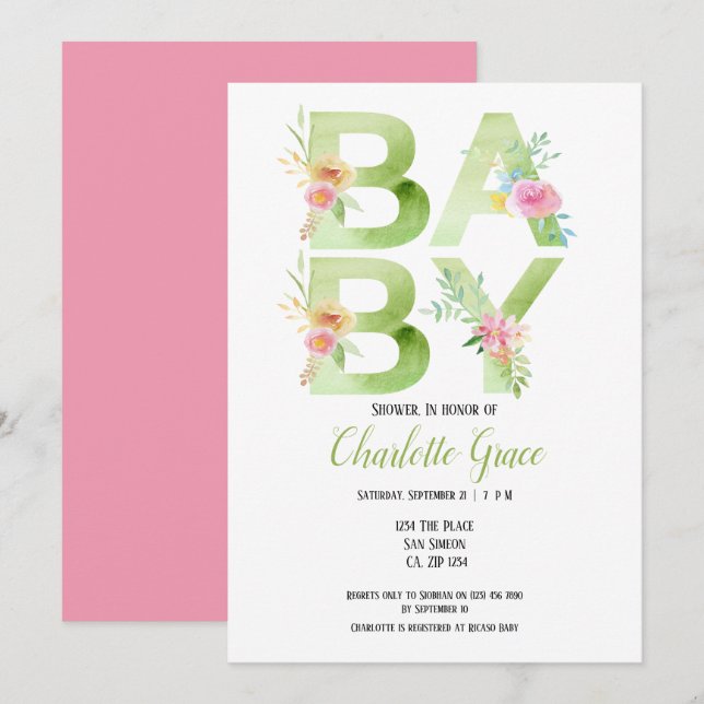 Typography Green Text Pink Flowers Baby Shower Invitation (Front/Back)