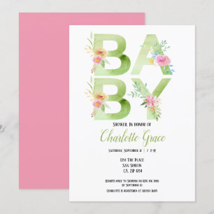 Typography Green Text Pink Flowers Baby Shower Invitation