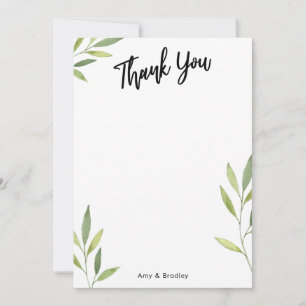 Typography & Green Watercolor Foliage Thank You Card