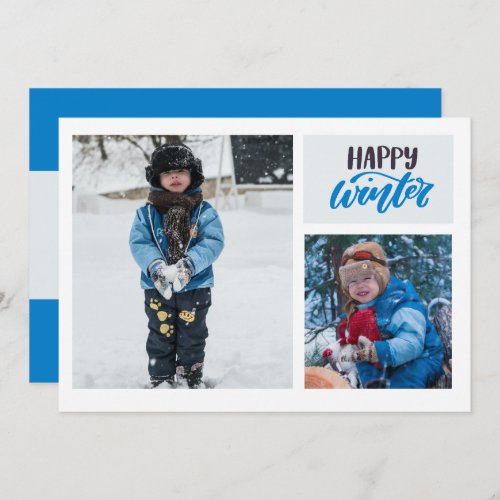 Typography Happy Winter Blue Two Photo Holiday Card