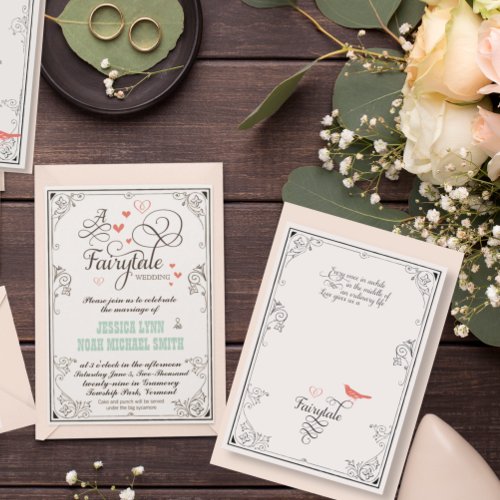 Typography Hearts Mint and Coral FairyTale Wedding Invitation