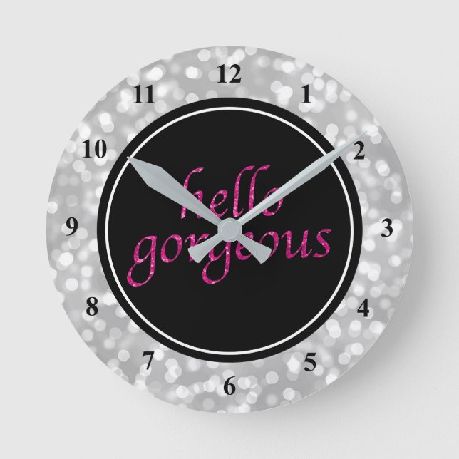 Typography Hello Gorgeous | Silver Bokeh Hot Pink Round Clock (Front)