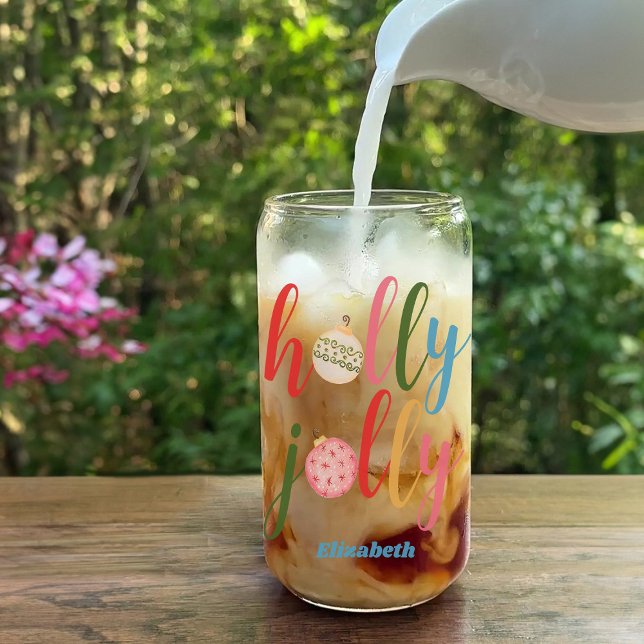 Typography Holly Jolly Christmas Ornaments Name Can Glass (Creator Uploaded)