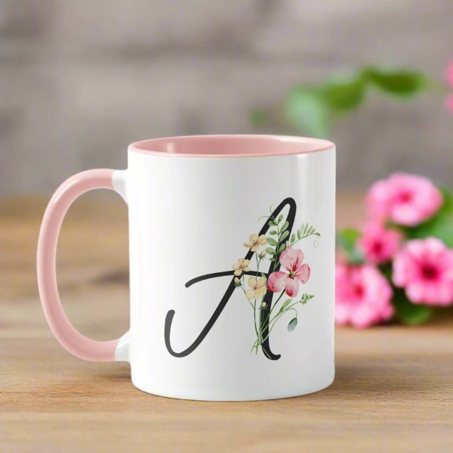 Typography Initial A Watercolor Pink Flower  Mug (Creator Uploaded)