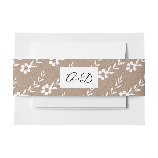Typography initials, white flowers rustic wedding invitation belly band (Front Example)