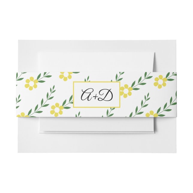 Typography initials yellow flower pattern wedding invitation belly band (Front Example)