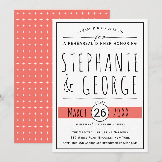 Typography living coral wedding rehearsal dinner invitation (Front/Back)