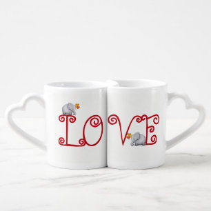 Typography LOVE Cute Elephants with Heart Balloons Coffee Mug Set