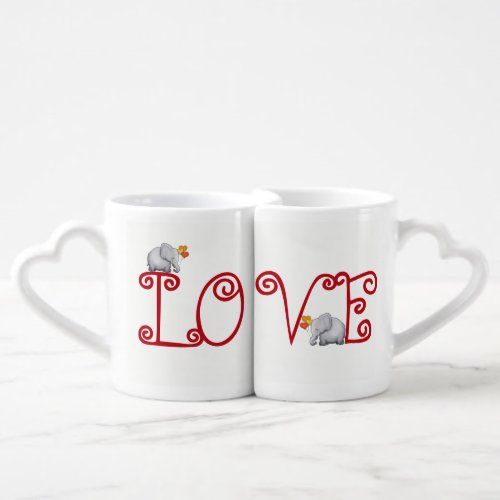 Typography LOVE Cute Elephants with Heart Balloons Coffee Mug Set
