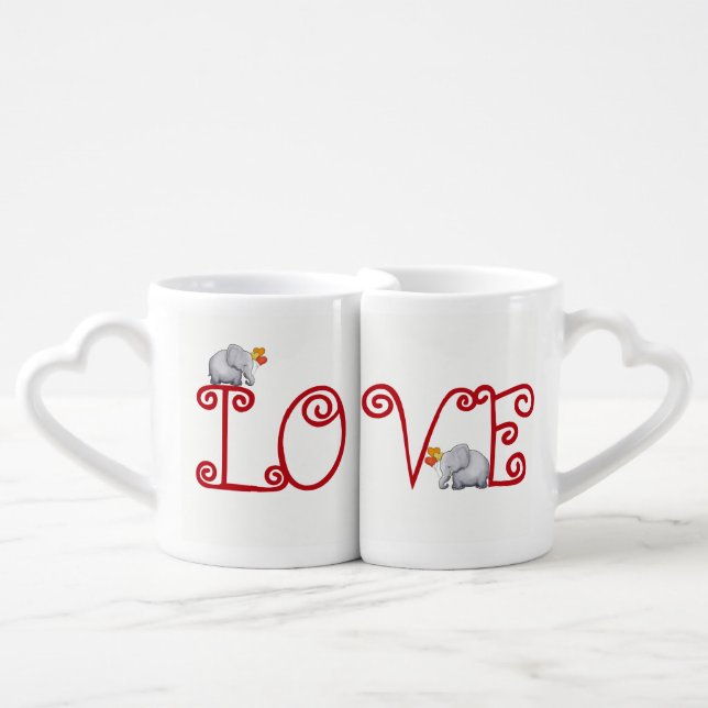 Typography LOVE Cute Elephants with Heart Balloons Coffee Mug Set (Front Nesting)
