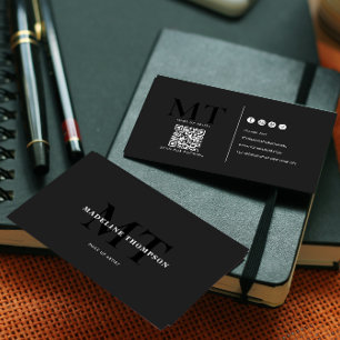 Typography Luxury Black Dark Grey Monogram QR code Business Card