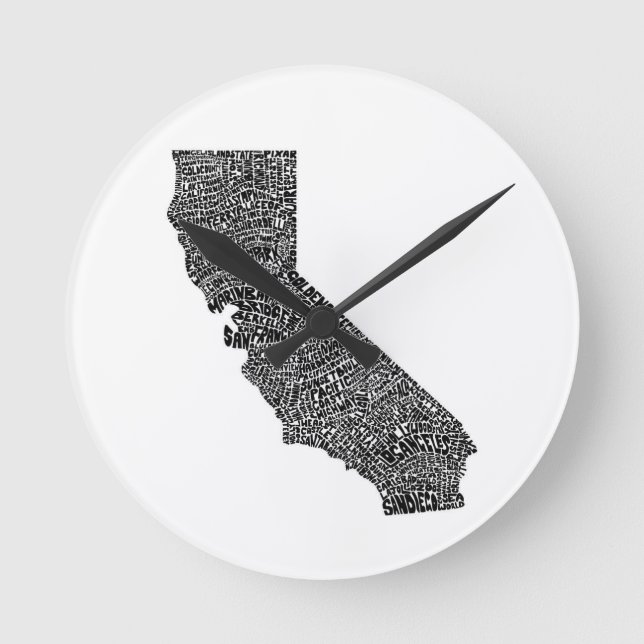 Typography map of California Round Clock (Front)