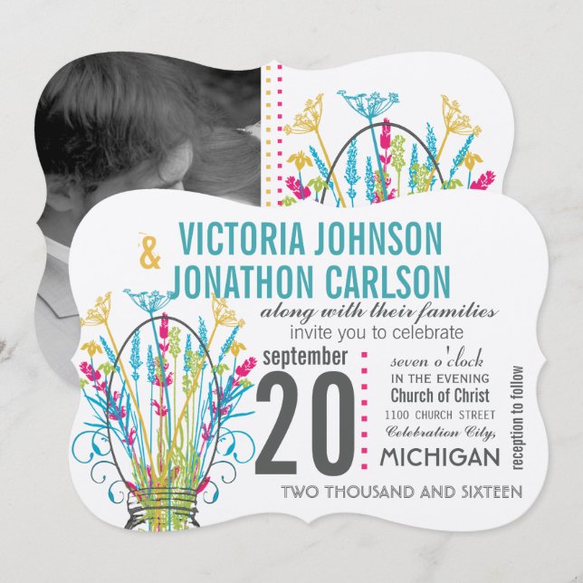 Typography Mason Jar Coral Yellow Blue Green Invitation (Front/Back)