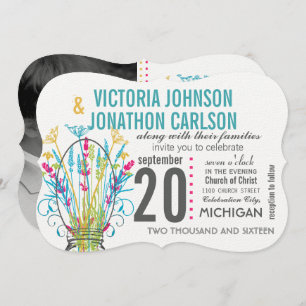 Typography Mason Jar Coral Yellow Blue Green Invitation