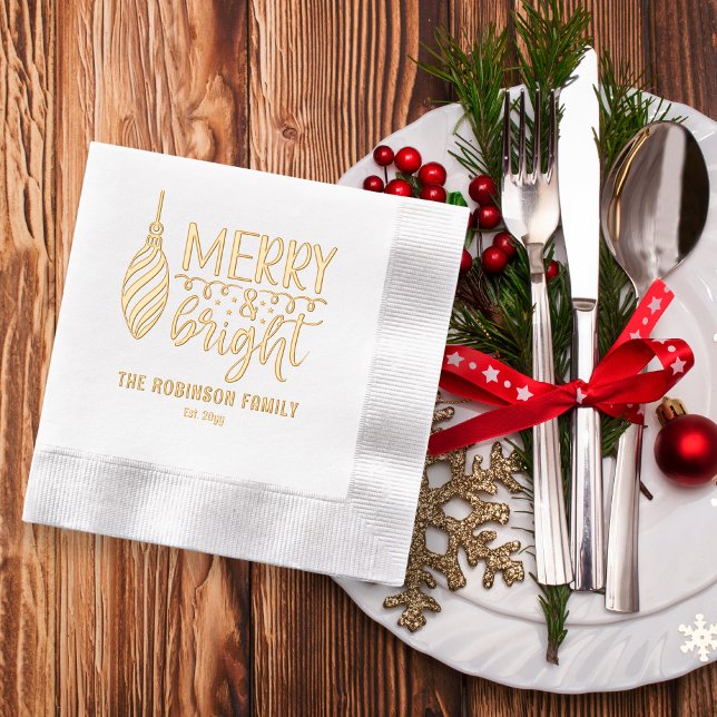 Typography Merry and Bright Bauble Name | Date Foil Napkins ("Merry and Bright" Bauble Typography Family Name and Year Established Stamped Foil Napkins)