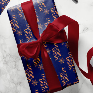 Typography Merry & Bright gold navy Christmas Wrapping Paper