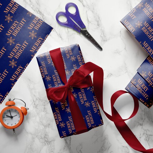 Typography Merry  Bright gold navy Christmas Wrapping Paper