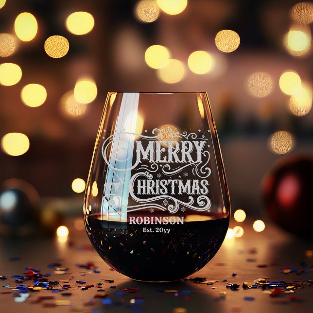 Typography Merry Christmas Family Name Date Stemless Wine Glass (Typography Merry Christmas Family Name and Date Established Stemless Wine Glass)