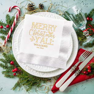 Typography Merry Christmas Y'all Family Name Date Foil Napkins