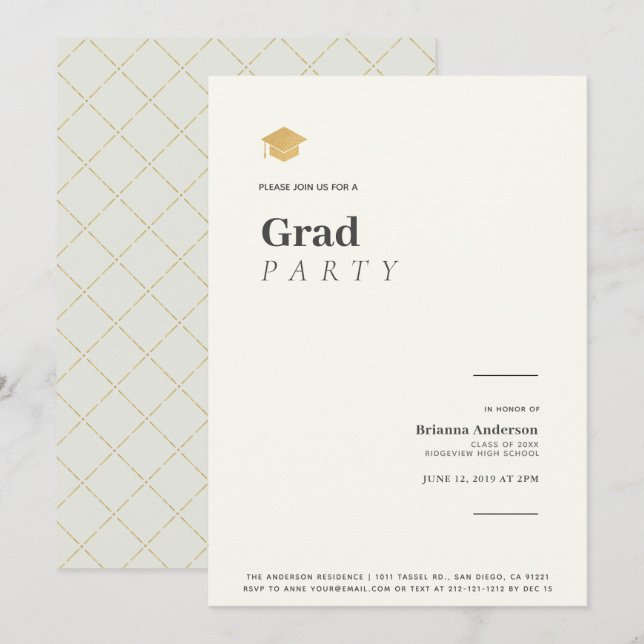 Typography Minimalist Beige Gold Graduation Party Invitation (Front/Back)