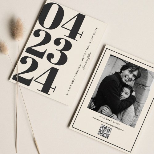 Typography Modern BW Number Photo Qr Code  Save The Date