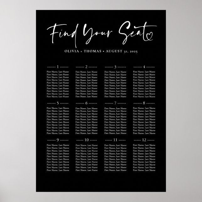 Typography Modern Black Wedding Seating Chart (Front)