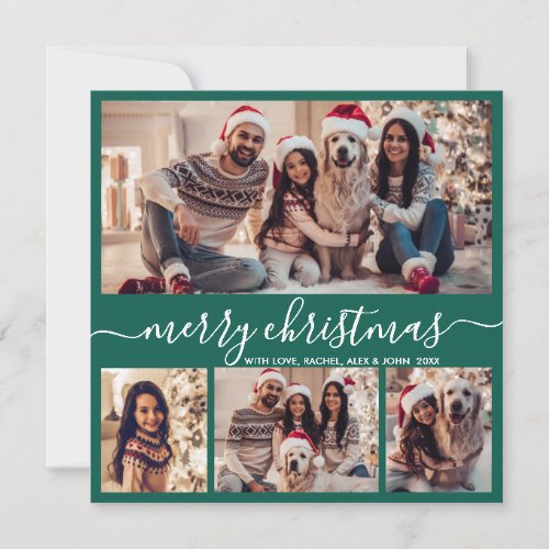 Typography Modern Green 5 Photo Collage Christmas Holiday Card