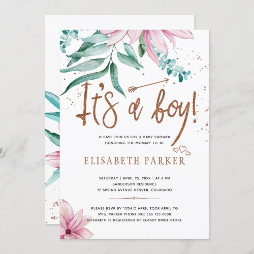 Typography modern its a boy floral baby shower invitation