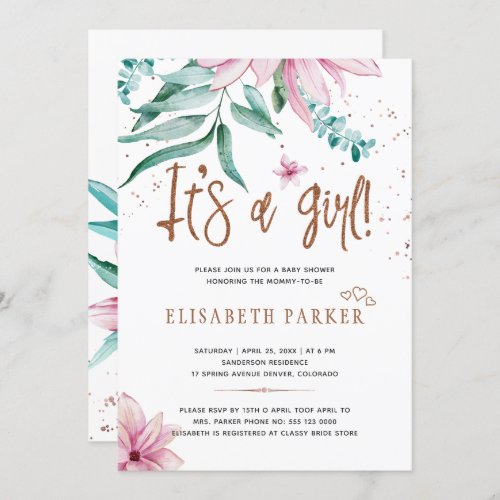 Typography modern its a girl floral baby shower invitation