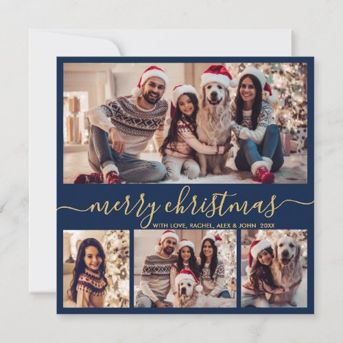 Typography Modern Navy 5 Photo Collage Christmas Holiday Card