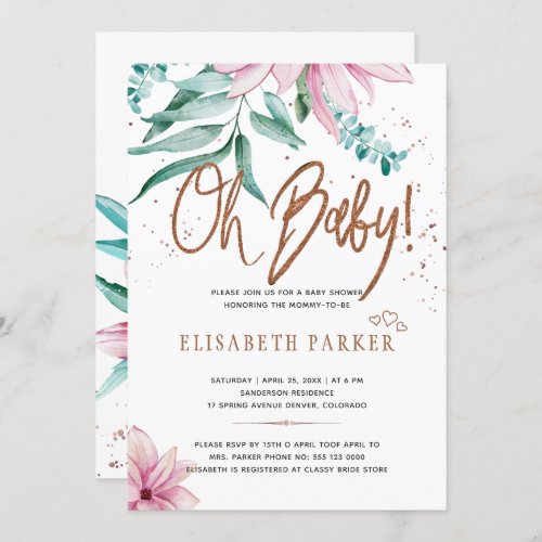 Typography modern oh baby floral baby shower invitation