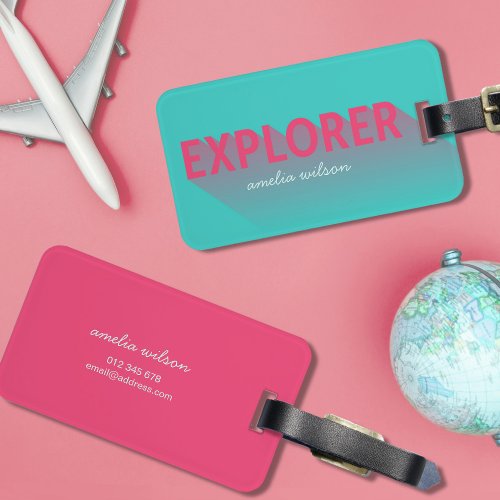 Typography Modern Pink Turquoise Explorer Bag Tag