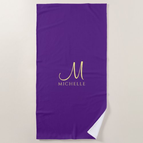Typography Monogram Name Royal Purple  Gold Beach Towel